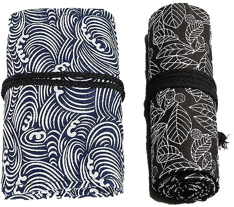 2 Stück Stationery Pouch 36 Löcher Pinseltasche Künstler Slots Bleistift Wrap Stationery Pouch Stifteaufbewahrung Waschbar für Aquarellstifte Bleistifte Buntstifte Studenten （Wellen/Schwarze Blätter）