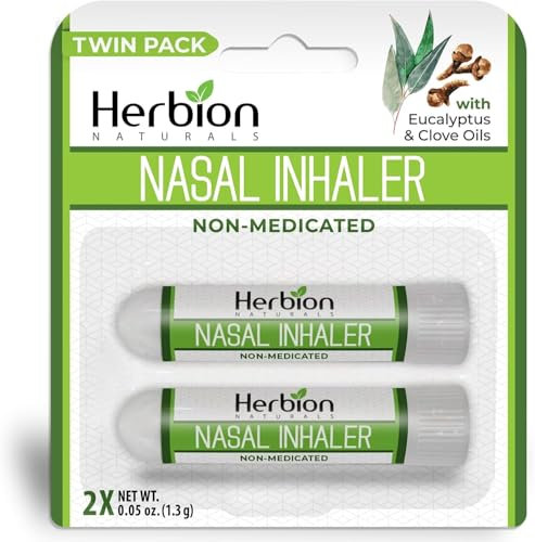Herbion Naturals Inhalador Nasal 2-Pack – Barras de Vapor con Aceites Esenciales para Alivio Refrescante y Comodidad Nasal; Fórmula No Medicada con Mentol, Eucalipto, Aceite de Clavo para Uso Portátil