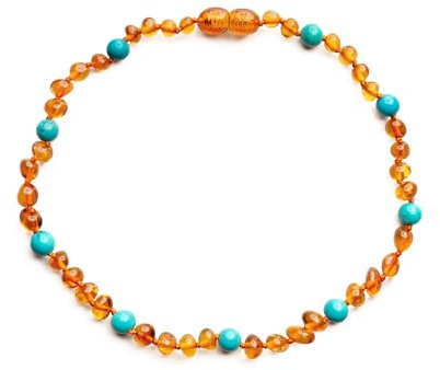 Baltic Proud Amber Necklace for Women and Men (Authentic, Certified) - 18 inches, Cognac Turqouise Polished - Unisex Jewelry for Adults - Bead Necklace