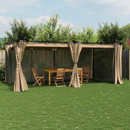 Sufrk Tonnelle avec rideaux taupe 6 x 3 m en acier, tonnelle pergola avec toile imperméable refermable et structure rectangulaire en acier inoxydable à haute densité, pour ameublement de jardin