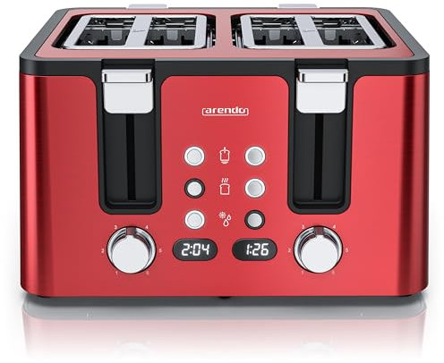Arendo - Toaster 4 Scheiben Edelstahl - mit Brötchenaufsatz - 4 Schlitze - LED Anzeige Restzeitanzeige – Doppelwandgehäuse - Defrost Funktion - Krümelschublade - 6 Bräunungsgrade - Rot