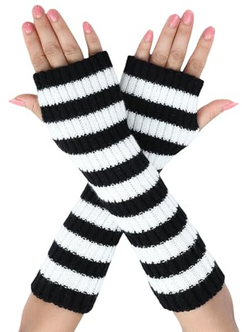 Suxgumoe Women Arm Warmers, Knitted Long Sleeve Fingerless Gloves Mittens Winter Wrist Warmers with Thumb Hole for Ladies Girls (C Black+White)