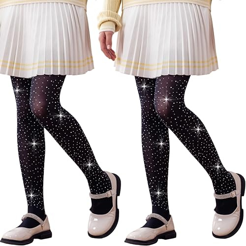 DANUOKU 2 paia di collant con strass per ragazze, collant da balletto per bambini, collant bianchi per ragazze età 6-12, Nero , 6-8 Years
