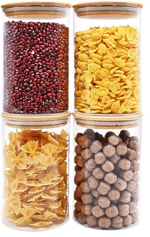 SHOWIN 32oz Glass Food Storage Jars, Glass Jars with Bamboo Lids, Kitchen Storage Jars, Canisters with Airtight Lids for Spice, Coffee, Cookie, Set of 4, Pantry Organizers