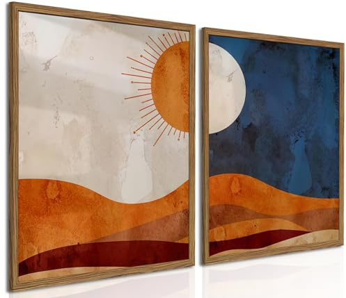 Framed Boho Sun and Moon Canvas Wall Art Set of 2, Vintage Western Desert Landscape Wall Decor Paintings, Mid Century Modern Abstract Pictures Prints Artwork for Living Room Bedroom Office 16x24 inch