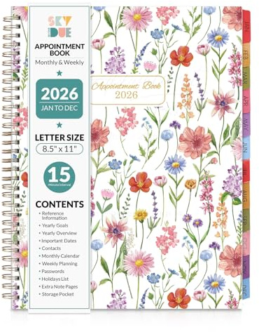 SKYDUE 2026 Appointment Book, 8.5 x 11, Hourly Planner with 15 & 30-Minute Increments, Weekly & Monthly Planner for January - December 2026, Perfect for Daily Planning, Flower