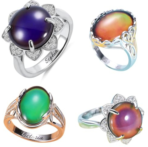 Bague d'Humeur Changement de Couleur Gravure Personnalisée Argent Sterling 925 Bague Pierre d'Humeur pour Femmes Enfants Gravure Personnalisable Bagues Couleur Changeante Bijoux Cadeaux pour Elle