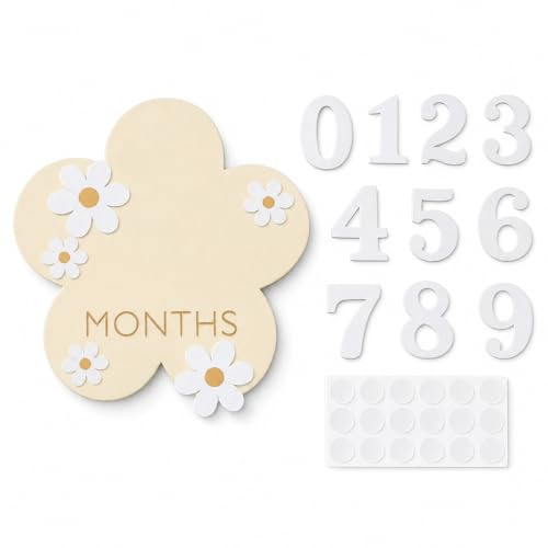 ARYIMYDP Tarjetas de Hitos Mensuales para Bebe de Madera 0-12 Meses, Disco de Madera con Flores para Registro de Crecimiento, Regalo para Mamá Primeriza