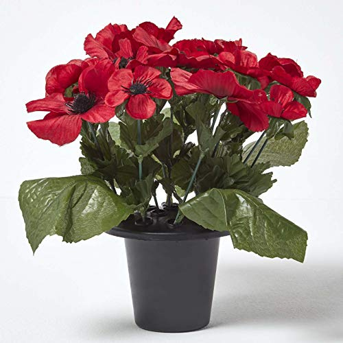 HOMESCAPES Artificial Red Poppy Grave Flowers in Grave Vase/Grave Pot, 25cm
