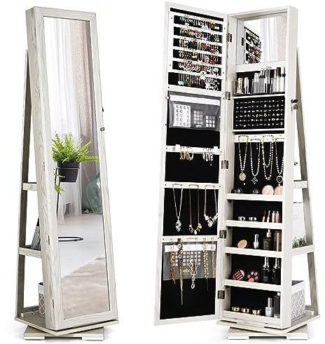COSTWAY Armadietto Portagioielli Autoportante Girevole con Specchio, Specchio a Figura Intera Organizzatore per Gioielli, Porta Richiudibile a Chiavi (Bianco, 39 x 39 x 161 cm)