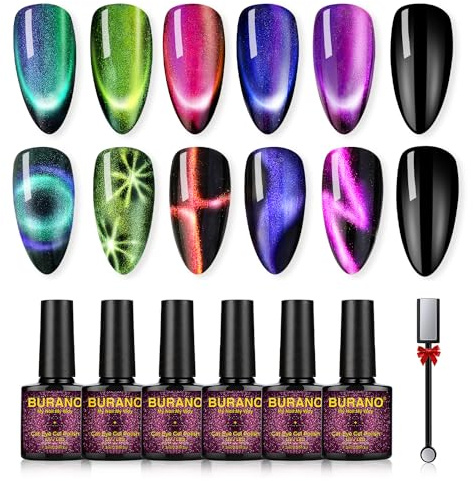 BURANO 9D Cat Eye Magnetischer Nagellack UV Set, 6 Farben Holographic Shimmer Glitter UV Nail Polish, Reflective Laser Cat Eye Gel Polish Kit with Magnet for Salon & Home Manicure (Holographic Star)