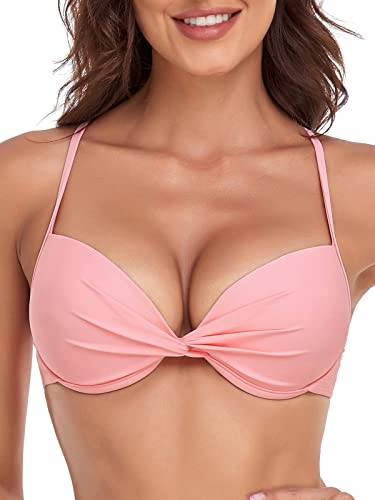 RELLECIGA Women's Light Pink Push Up Bikini Top Twist Front Underwire Bathing Suit Size Small