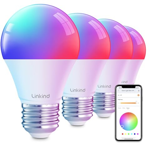Linkind Smart Light Bulbs, Smart Bulb That Work with Alexa & Google Home, LED Light Bulbs Color Changing, 104 Preset Scene, Music Sync, A19 E26 2.4GHz RGBTW WiFi Bluetooth Light Bulb 60W, 800LM, 4Pack