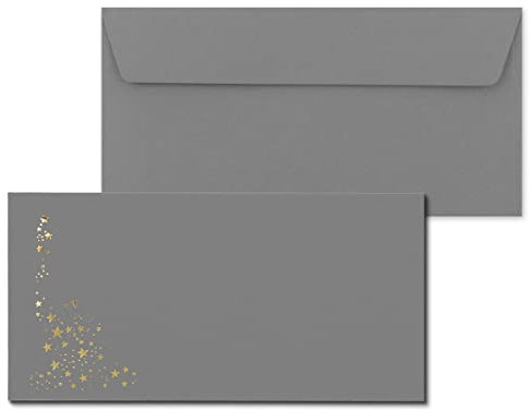 50x Briefumschläge mit Metallic Sternen - DIN Lang - Gold geprägter Sternenregen - Farbe: Grau - Haftklebung - 120 g/m² - 110 x 220 mm - ideal für Weihnachten