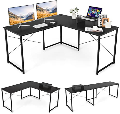 Costway L-format skrivbord, vändbart hörnskrivbord med ställ för datorskärm, hörnbord med 3 kabelhål, speldatorbord, kontorsbord för hemmakontor, 150 x 150 x 74 cm (svart)