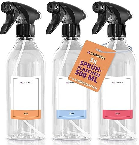 Lavandola® 3x Sprühflasche 500ml mit Etiketten - gleichmäßiges & feines Sprühbild, dichte & langlebige Sprühflasche Pflanzen, kleine Sprühflasche Autopflege, Spray Bottle, 3x Sprühflaschen Set