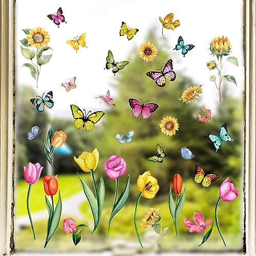 HaoFuJi Doppelseitig Fensterbilder Blumen Aufkleber Fenster Deko Pflanzen Fensterdeko Kinderzimmer Wohnzimmer Büro Fensteraufkleber Kinder Fenstersticker fensterbild Sommer Frühling Deko