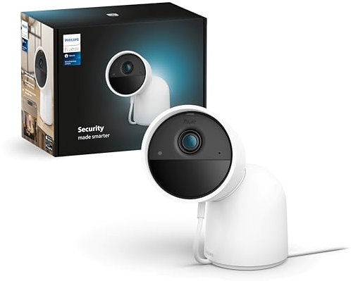 Philips Hue Secure Cámara de Video Vigilancia Inteligente con Base para Exteriores o Interiores, Versión con Cable, Full HD Video, Control de Seguridad e Iluminación en una Sola App, Blanco