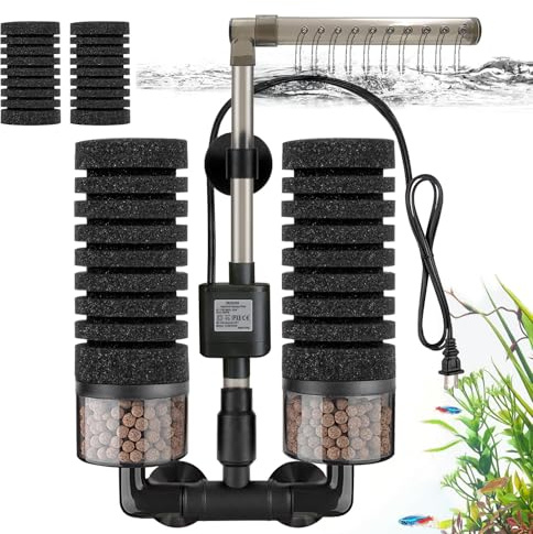 DEGGOX Upgrade Aquarium Electric Power Sponge Filter with Submersible Pump ，Ultra-Quiet Motor with Bio Ceramic Media Balls and 2 Spare Sponge (L for 20-55 Gal)