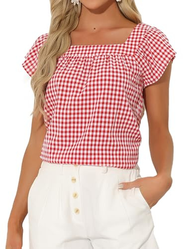 Allegra K Mujer Blusas Cuadros Escote Cuadrado Mangas Cortas