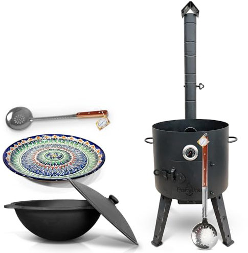 Horno de fuego Utschak Ø 44 cm con termómetro de hierro fundido Kazan 16 L Ø 46,5 cm fondo redondo Lagan Ø 37 cm 2 espumas 48 cm y 64 cm Учаг Uchag Asia (Set 3)