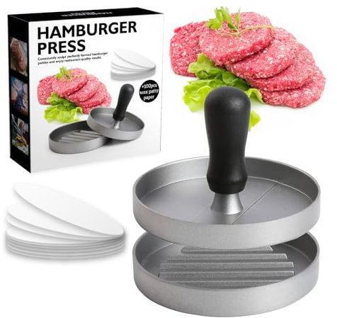 CORJEEJOR Pressa per hamburger con 100 fogli di carta cerata, antiaderente, per carne, hamburger, in lega di alluminio per uso alimentare, con manico in ABS, 11,4 cm, per hamburger di manzo, barbecue,