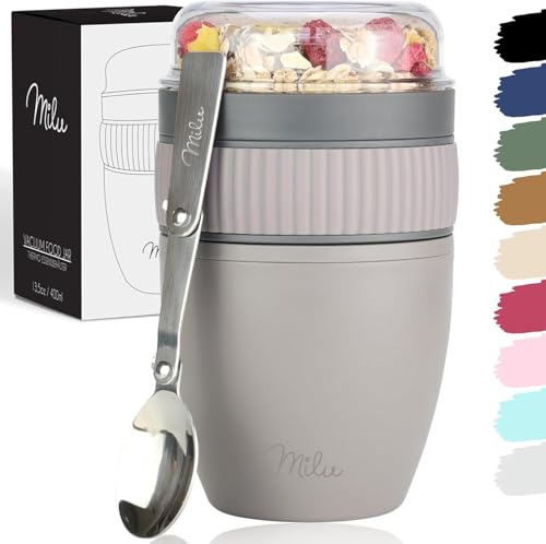 Milu Breakfast Cereal Cup with Spoon To-go Yogurt Pot Leakproof Overnight Oats Jar Breakfast Storage Container BPA Free for Office School Travel Picnic (Taupe Grey, 400ml)