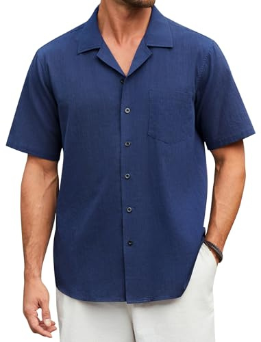 Enlision Camicia di Lino Uomo Maniche Corte Camicia Uomo Blu Navy Estive da Spiaggia da Spiaggia Camicie Regolare con Bottoni 4XL