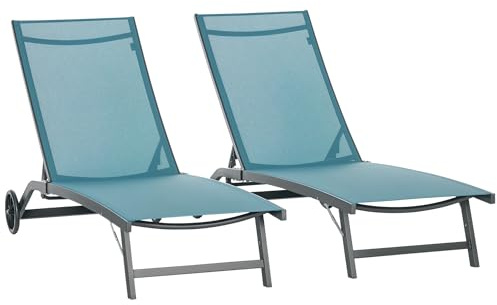 Outsunny Pack de 2 Tumbonas de Jardín Exterior Tumbonas Reclinables de Aluminio con Respaldo Ajustable de 5 Niveles y Ruedas para Playa Piscina 165x66x102 cm Azul y Gris