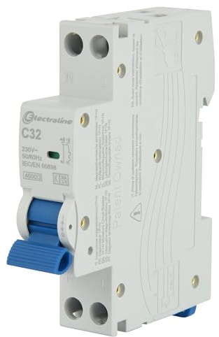 Electraline 87005 Interruttore magnetotermico 32A, curva C (protezione ottimale contro sovracorrenti e cortocircuiti), 1P+N, 4,5kA, 240V, certificati CE, KEMA-KEUR, e UKCA