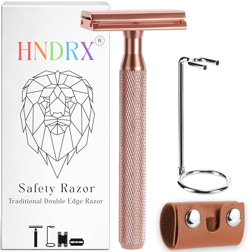 HNDRX® Rakhyvel män säkerhet razor kvinnor våt rakapparat 30° vinkel inkl. 10 japanska rakblad, rakhyvelstativ och bladskydd (cellelestial blush)