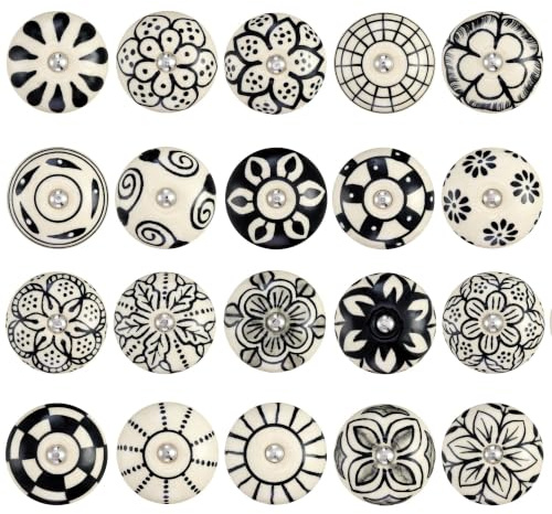 GlobeeCraft 20 Pomos tirador artesanal negro para restaurar muebles, tiradores pomos para cajones y armarios, pomos y tiradores para cocina y puertas, pomo cajones ceramica pintado a mano