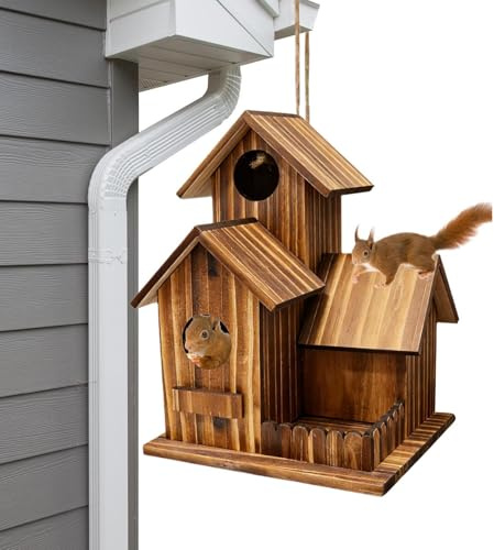 Distributeur de Nourriture pour écureuils d'extérieur | Station d'alimentation en Bois à Trois Compartiments pour l'extérieur - Station de Nourrissage pour Jardin, Arbre avec Toit Flexible | pour