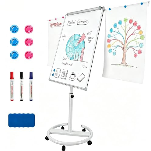 DoeDoefong Flipchart - Pizarra blanca móvil 70 x 100 cm, altura regulable 157-195 cm, pizarra magnética de borrado en seco, con ruedas y pinzas de papel, para oficina, escuela, hogar