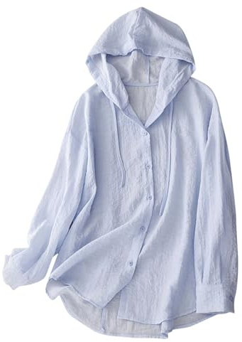 Camisas de lino y algodón con protección solar para mujer, sudadera con capucha de gran tamaño, casual, holgada, de manga larga, con botones, con capucha, para verano, playa, ligera, chaquetas