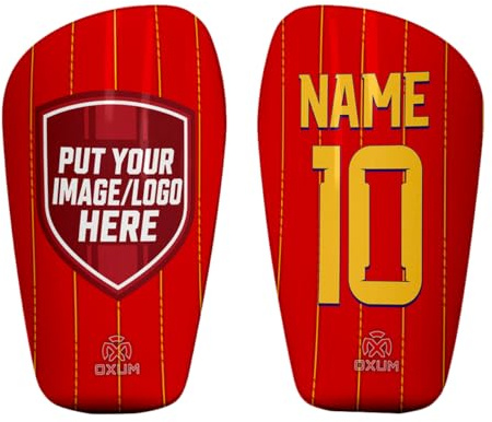 Oxum Sport Espinilleras de Fútbol Países Personalizadas para niños y Adultos. Añade número, Escudo de selección o Imagen y Nombre. Incluye bolsita de Regalo. Gama Nation. (España)