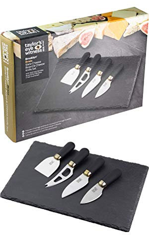 Taylors Eye Witness Cheese Knife Set with Slate Board - [Brass] Brooklyn 4-Piece Knives for Soft, Hard, Grating & Fresh Cheeses. Stainless Steel Blades. Soft Grip Handles. 2 Year Guarantee.