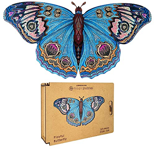 Lubiwood Playful Butterfly (42x29 cm) Unique Shaped Animal Wood Puzzle - Stimulates Observant Skills, Includes Wood Gift Box - Ideal for Adults Seeking Mindful Activities