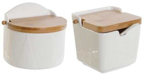 Salero y Azucarero de porcelana blanco con tapa de bambu estilo nordico (Pack)