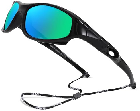 LIU·WEN Kids Sports Polarized Sunglasses - Flexible Youth Baseball Beach Sun Glass With Strap for Boys Girls Age 4-12(Black/Green Mirrored)