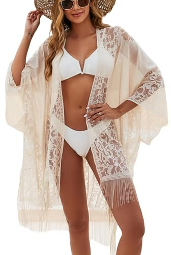 colornival Sexy Kimono Spitzen-Badeanzug Cover-Up für Damen - Leichter Strandkimono mit Fransen, Ideal für Urlaub und Pool