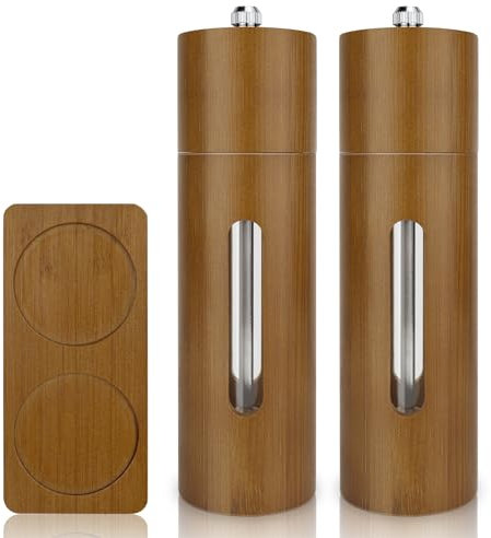 BOCHION Macina Pepe, Manuale Macina Sale e Pepe in Legno con Vassoio, Nucleo Ceramico Regolabile Macinapepe per Macinare Spezie, Sesamo,Cumino, Soia, Sale Marino (Marrone, Set di 2 Pezzi)