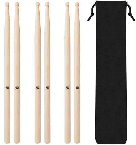 Newellsail 5A Baquetas de Tambor Clásico Baquetas de Madera Arce Set de Baquetas de Batería con Bolsa para Principiantes Estudiantes Adultos (3 Pares)