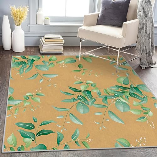 Tappeto Camera da Letto Foglie Verdi 100x150 Pelo Corto Morbidi, Tappeti Salotto Pianta Lavabile Lavatrice, Tappeto Scendiletto per Cameretta Ragazza Stanza
