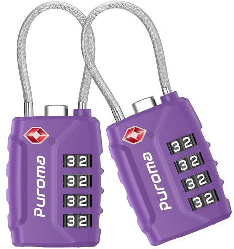 Puroma 2 Pack TSA Approved Luggage Locks, 4 Digit Combination Travel Cable Locks Resettable Code Lock with Zinc Alloy Body for Suitcase, Toolbox, Backpack, Bag, Gym Locker (Basic Purple Dark)