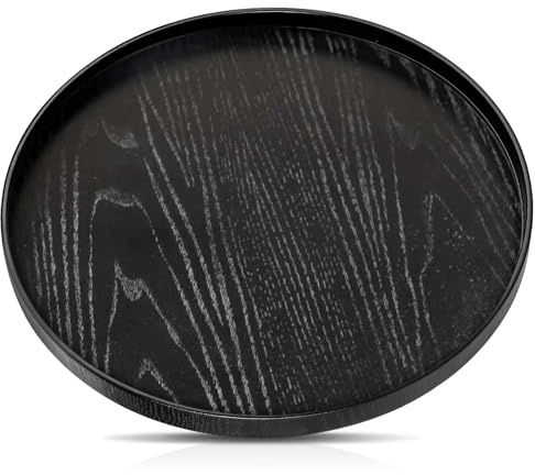 Black Round Wooden Tray 13 Wood Decorative Coffee Tea Snack Food Meals Serving Plate Non-Slip Kitchen Party Bar Ottoman Tray with Raised Edges Large Butler Board for Breakfast in Bed