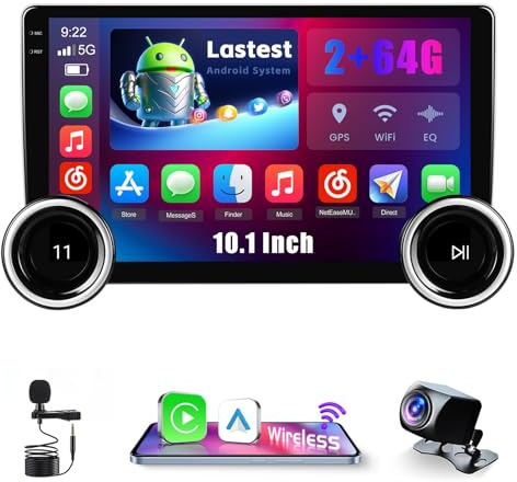 Inefala Android 2 Din trådlös CarPlay Autoradio med 2+64G motoriserad skärm 10, 1 tums Bluetooth bilstereo med Android Auto CarPlay Mirror Link FM RDS GPS WiFi backkamera AUX USB