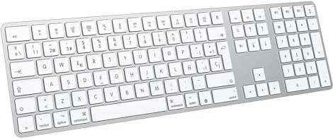 OMOTON Teclado inalámbrico Bluetooth para Mac, Compatible con MacBook Pro/Air, iMac/Mac Mini/Pro, Recargable y con 3 Canales Bluetooth, Distribución en Español (Plata)