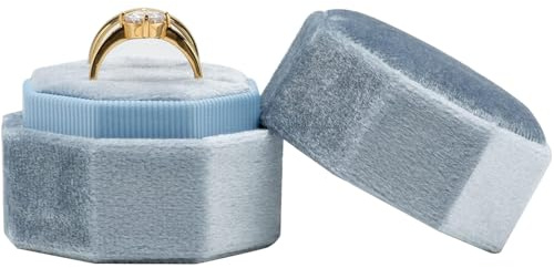 ZHAOYCSH Caja de Anillos de Matrimonio Hexagonal en Terciopelo de Espiga con Tapa Desmontable, 2 Ranuras para Anillos de Compromiso y Boda para Propuesta, Ceremonia, San Valentín, Azul