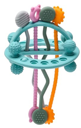 Imagination Junction Food Grade Silicone Pull String Baby Toy, Montessori Pull String Sensory Toy for 18 Months Babies Teething Toys (Blue)